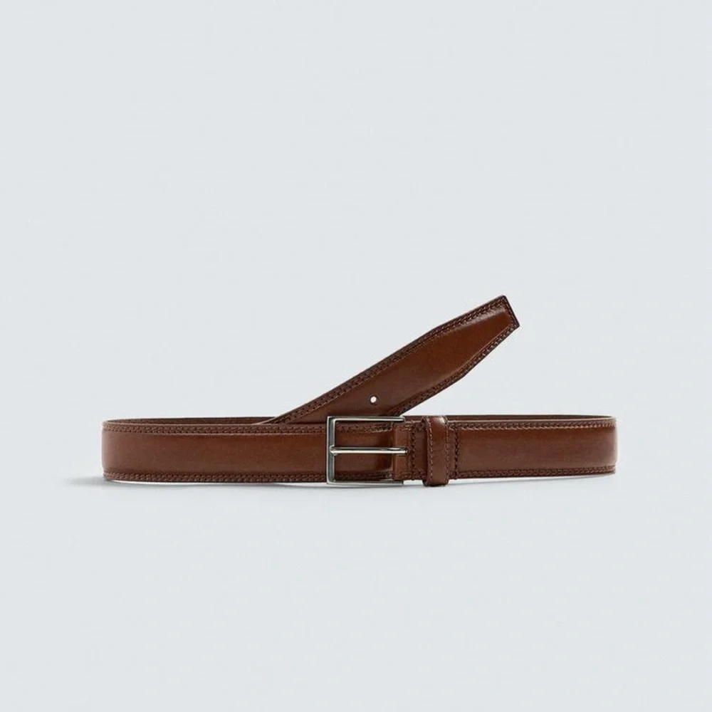 NWOT. Zara Man Brown Leather Belt with Decorative Stitching. Size 40.